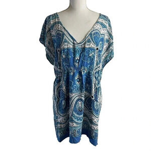 Unique Spectrum Tunic  Blouse 2X Kaleidoscope Paisley Floral Blue White V Neck
